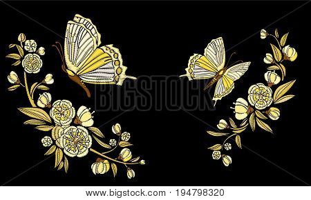 Embroidery ethnic flowers and butterfly, line design fashion wearing. Vector vintage , decorative element for embroidery, patches and stickers. Goldwork.