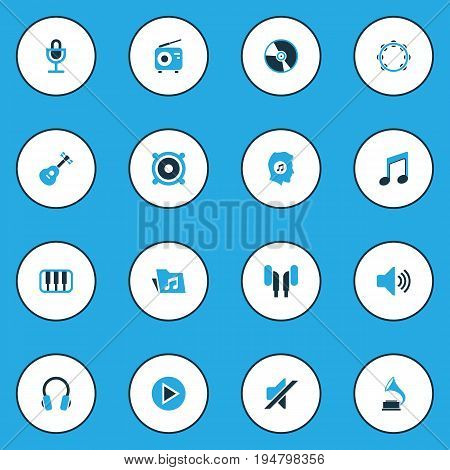 Music Colorful Icons Set. Collection Of Tambourine, Music Lover, Piano And Other Elements. Also Includes Symbols Such As Musical, Sound, Mute.