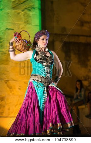 Elvas Portugal - july 1 2017. belly dancer participing in festival medieval in Elvas