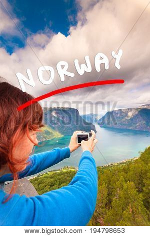 Tourist Taking Photo From Stegastein Viewpoint Norway