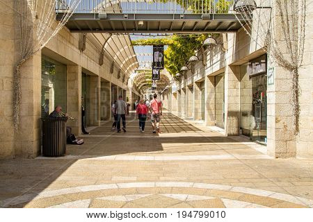JERUSALEM ISRAEL - OCTOBER 3: Mamilla Mall Alrov Mamilla Avenue shopping street open-air mall in Jerusalem Israel on October 3 2016
