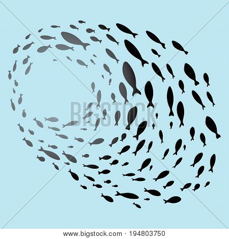 School of fish. A group of silhouette fish swim in a circle. Marine life.