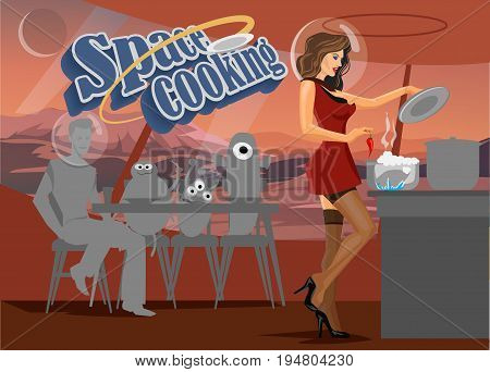 Space  cooking in retro style, A woman prepares food for space aliens on the  space base