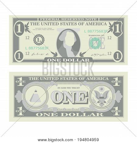 1 Dollar Banknote Vector. Cartoon US Currency. Two Sides Of One American Money Bill Isolated Illustration. Cash Symbol 1