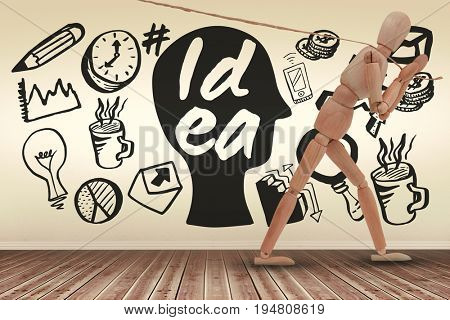 Business icons against white background against room with wooden floor