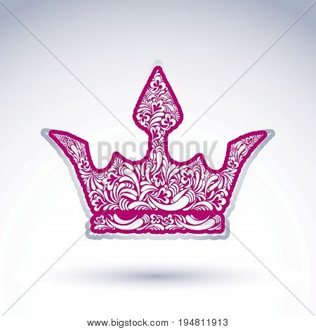 Flower-patterned decorative crown art royal symbol. King coronet filled with abstract natural pattern imperial theme vector design element.