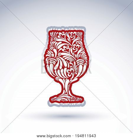 Natural decoration graphic snifter with bright flower-patterned filling and curls. Alcohol idea leisure vector illustration creative cognac glass for use in design and advertising.