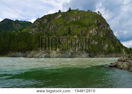 Streams merge of Chemal and Katun rivers in Altai mountains. Chemal Altai Republic Siberia Russia