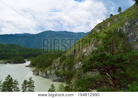 Landscape of Katun river in Altai mountains. Chemal Altai Republic Russia