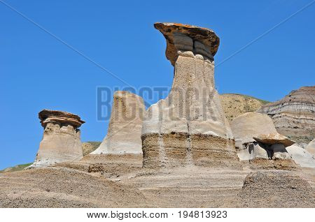 Hoo doos sandstone rock formations near Drumheller Alberta Canada