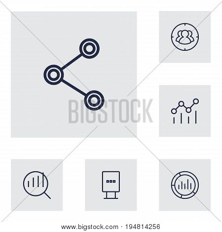Set Of 6 Commercial Outline Icons Set.Collection Of Market, Stand, Social Media Ads Elements.