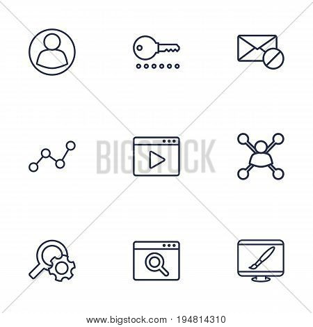 Set Of 9 Optimization Outline Icons Set.Collection Of Stock Exchange, Item Identifier, Running Title And Other Elements.