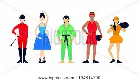 Flat people hobbies set with dancing karate basketball tennis and equestrian sport interests isolated vector illustration