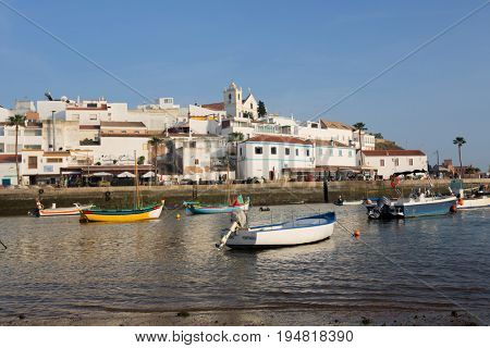 FERRAGUDO, PORTUGAL - APRIL 24, 2017: Picturesque view of Ferragudo fishing village in Algarve, Portugal