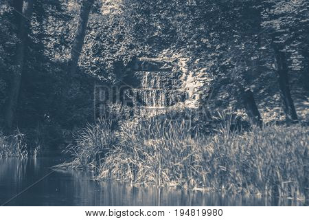 Oid vintage photo. Park forest lake waterfall nature