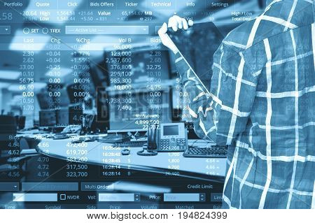 Double exposure of business woman with glasses in hipster shirts holding tablet for check stock market graph with stock and computer graph background Business Trading concept.