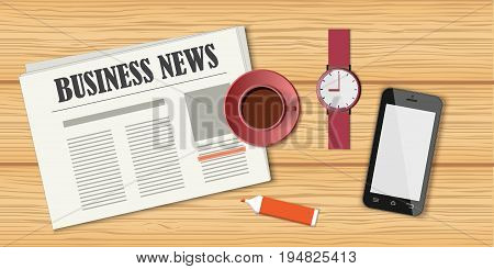 Flat concept of business morning breaktime coffee time. Top view the wood desktop with newspaper and headline Business news wristwatch mobile phone and cup of coffee. EPS 10