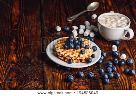 Belgian Waffles on White Plate with Fresh Blueberry and Cup of Hot Chocolate with Marshmallow. Copy space on the Left Side.