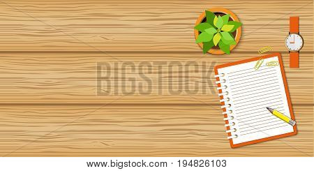 Flat concept of business morning breaktime coffee time. Top view the wood desktop with open spiral notebook wristwatch and flower. Wood mockup with empty space. EPS 10
