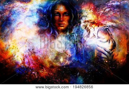 goddess woman and animals and symbol Yin Yang in cosmic space