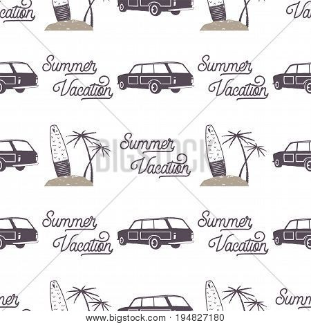 Surfing old style car pattern design. Summer seamless wallpaper with surfer van, surfboards, palms. Monochrome combi car. Vector illustration. Use for fabric printing, web projects, t-shirts