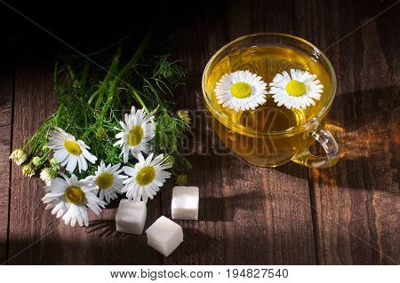 cup of tea with chamomile flowers on rustic wooden background