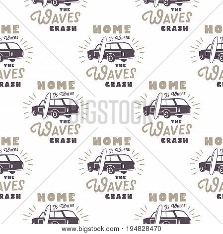 Surfing old style car pattern design. Summer seamless wallpaper with surfer van, surfboards, sunbursts. Monochrome combi car. Vector illustration. Use for fabric printing, web projects, t-shirts