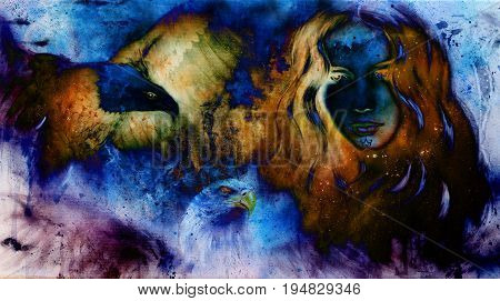 Goodnes woman and eagles. Cosmic Space background. Color effect