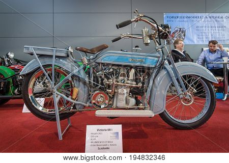 STUTTGART GERMANY - MARCH 17 2016: Motorcycle Victoria KR 1 1921. Europe's greatest classic car exhibition 