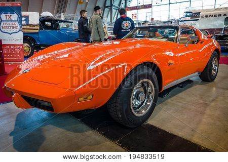 STUTTGART GERMANY - MARCH 17 2016: Sports car Chevrolet Corvette Stingray Coupe (C3) 1975. Europe's greatest classic car exhibition 