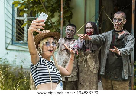 Selfie On A Background Of Zombies, Zombies Tied To An Abandoned House