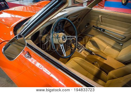 STUTTGART GERMANY - MARCH 17 2016: Cabin of sports car Chevrolet Corvette Stingray Coupe (C3) 1975. Europe's greatest classic car exhibition 
