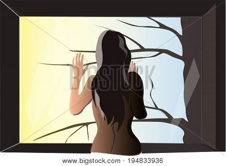 Vector image silhouette of a naked girl by the window