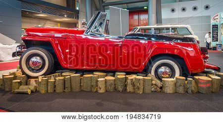 STUTTGART GERMANY - MARCH 17 2016: Vintage car Willys-Overland Jeepster 1949. Europe's greatest classic car exhibition 