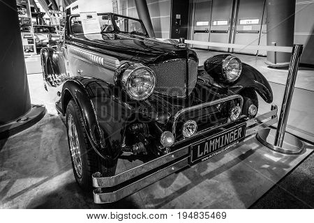 STUTTGART GERMANY - MARCH 17 2016: Luxury car Bufori Buga Mk2 Roadster 2006. Black and white. Europe's greatest classic car exhibition 