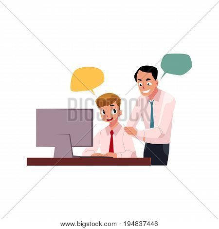 Boss managing male employee, man working on computer, cartoon vector illustration isolated on white background with speech bubbles. Boss supervising male employee working in office with speech bubbles
