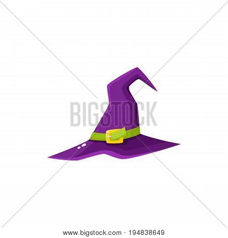 Purple witch, wizrd pointed hat, Halloween decoration element, cartoon vector illustration isolated on white background. Cartoon witch hat, Halloween object, decoration element