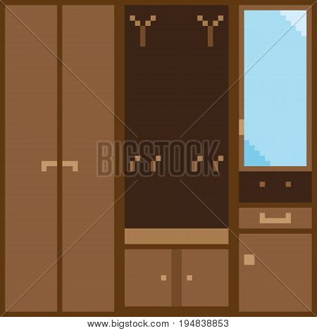 A set of brown modular furniture for the hallway in pixel style. Each module can be used for illustration separately