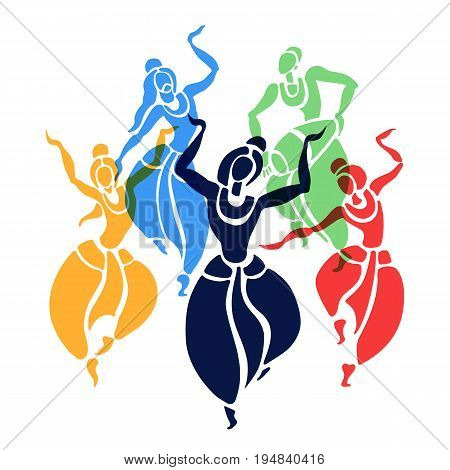 Indian dancers. Dancing people in ethnic style. Vector Illustration.