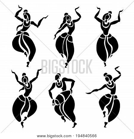 Indian dancers. Dancing people in ethnic style. Vector Illustration.