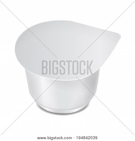 Round white plastic container with plastic wrap and foil cover for dairy products, yogurt, cream, dessert, jam. Vector packaging mockup template for your design