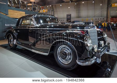 STUTTGART GERMANY - MARCH 18 2016: Vintage car Mercedes-Benz 300 Sc Coupe (W188 II) 1956. Black and white. Europe's greatest classic car exhibition 