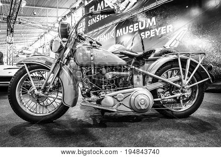 STUTTGART GERMANY - MARCH 18 2016: Motorcycle Harley-Davidson V/VI Gespann 1931. Black and white. Europe's greatest classic car exhibition 