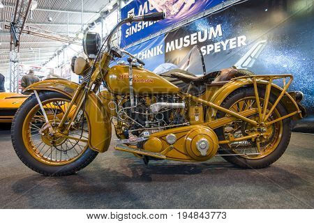 STUTTGART GERMANY - MARCH 18 2016: Motorcycle Harley-Davidson V/VI Gespann 1931. Europe's greatest classic car exhibition 