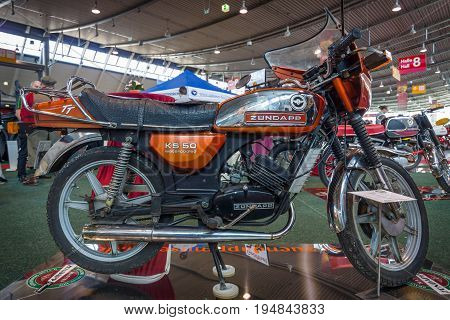STUTTGART GERMANY - MARCH 18 2016: Motorcycle Zuendapp KS 50 WC TT 1980. Europe's greatest classic car exhibition 