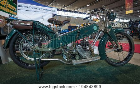 STUTTGART GERMANY - MARCH 18 2016: Motorcycle Hocco by Hoco-Werk Hohmeyer & Co. 1926. Europe's greatest classic car exhibition 