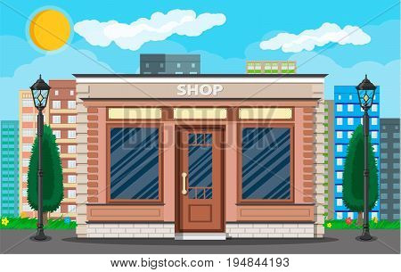 Generic shop exterior on the city street. Wooden and bricks material. Commercial, property. Cityscape, buildings, sun, clouds. Vector illustration in flat style