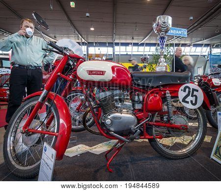 STUTTGART GERMANY - MARCH 18 2016: Sport motorcycle Laverda 100 Sport Lusso 1958. Europe's greatest classic car exhibition 