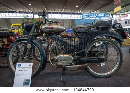 STUTTGART GERMANY - MARCH 18 2016: Serial motorcycle Laverda 75 Typ 1 1951. Europe's greatest classic car exhibition "RETRO CLASSICS"