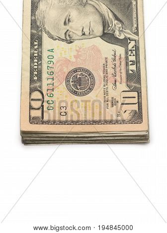 A Stack of Ten Dollar Bills on a White Background